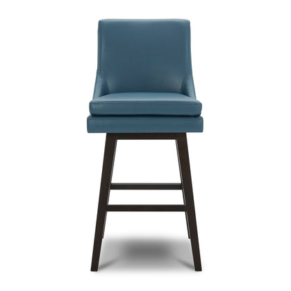 Lissa Swivel Bar Stool with blue leather seat and solid black wooden legs - CHITA Living