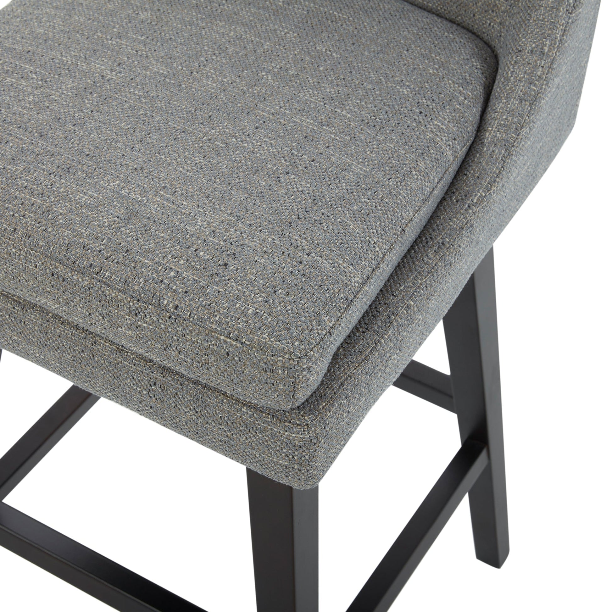 Top view of Lissa Swivel Bar Stool with soft grey fabric seat and dark wooden legs - CHITA Living