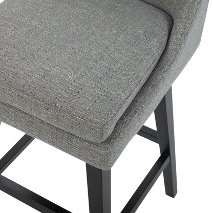 Top view of Lissa Swivel Bar Stool with soft grey fabric seat and dark wooden legs - CHITA Living