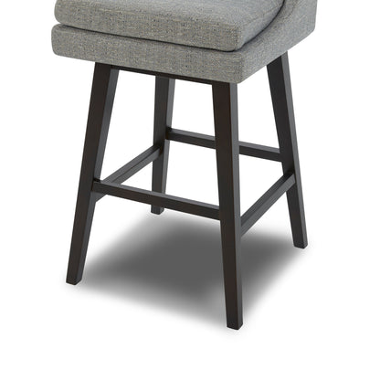 Lissa Swivel Bar Stool with soft grey fabric seat and sturdy dark wooden legs - CHITA Living