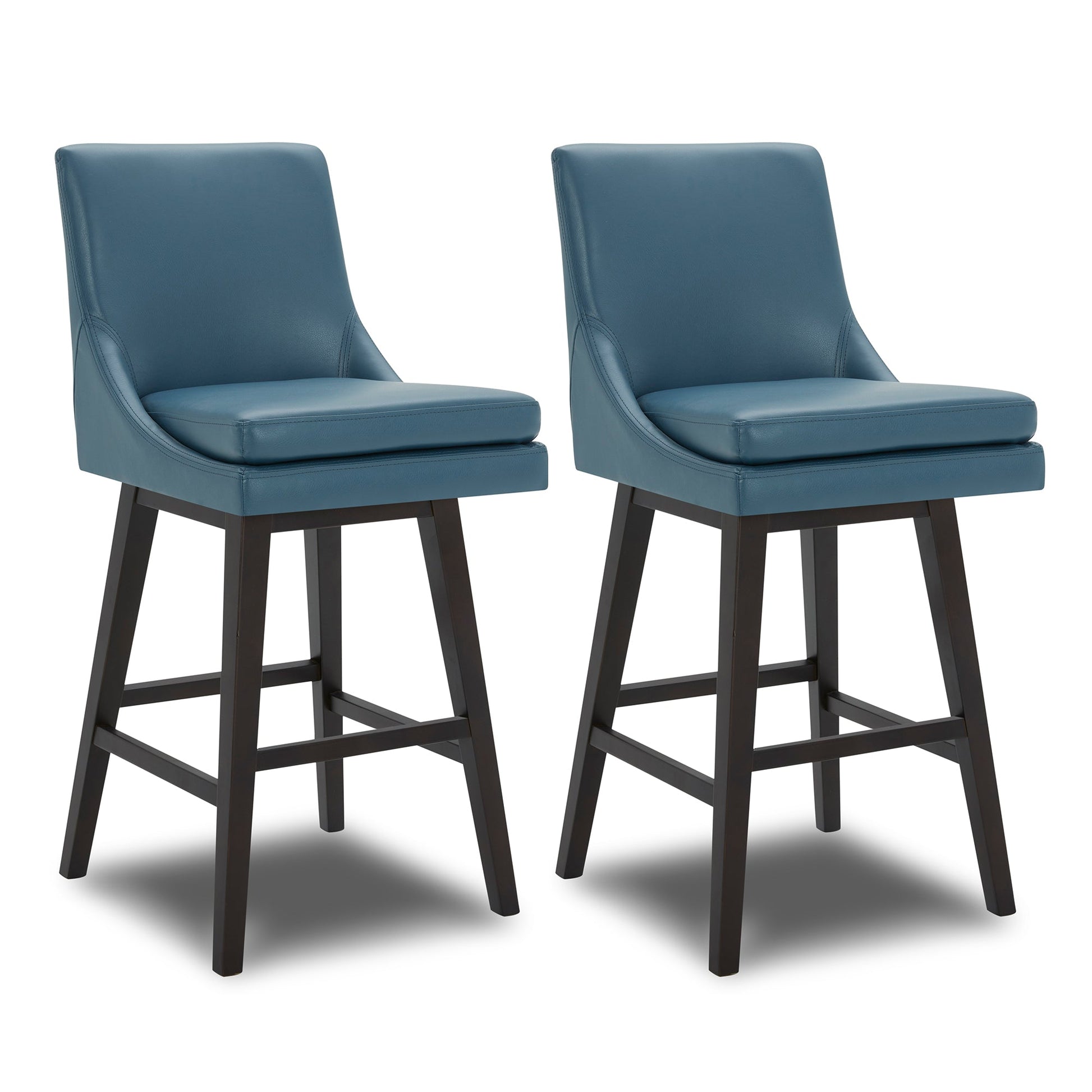 Pair of Lissa Swivel Bar Stools with blue leather seats and dark wooden legs - CHITA Living