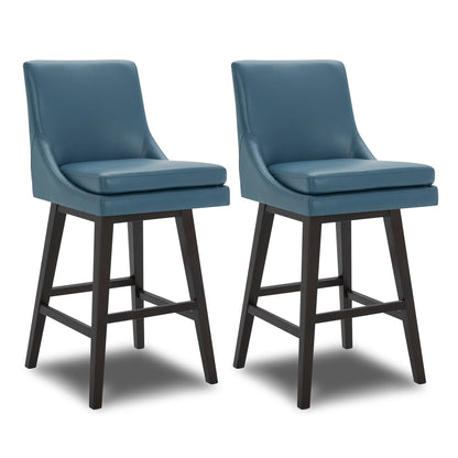 Pair of Lissa Swivel Bar Stools with blue leather seats and dark wooden legs - CHITA Living