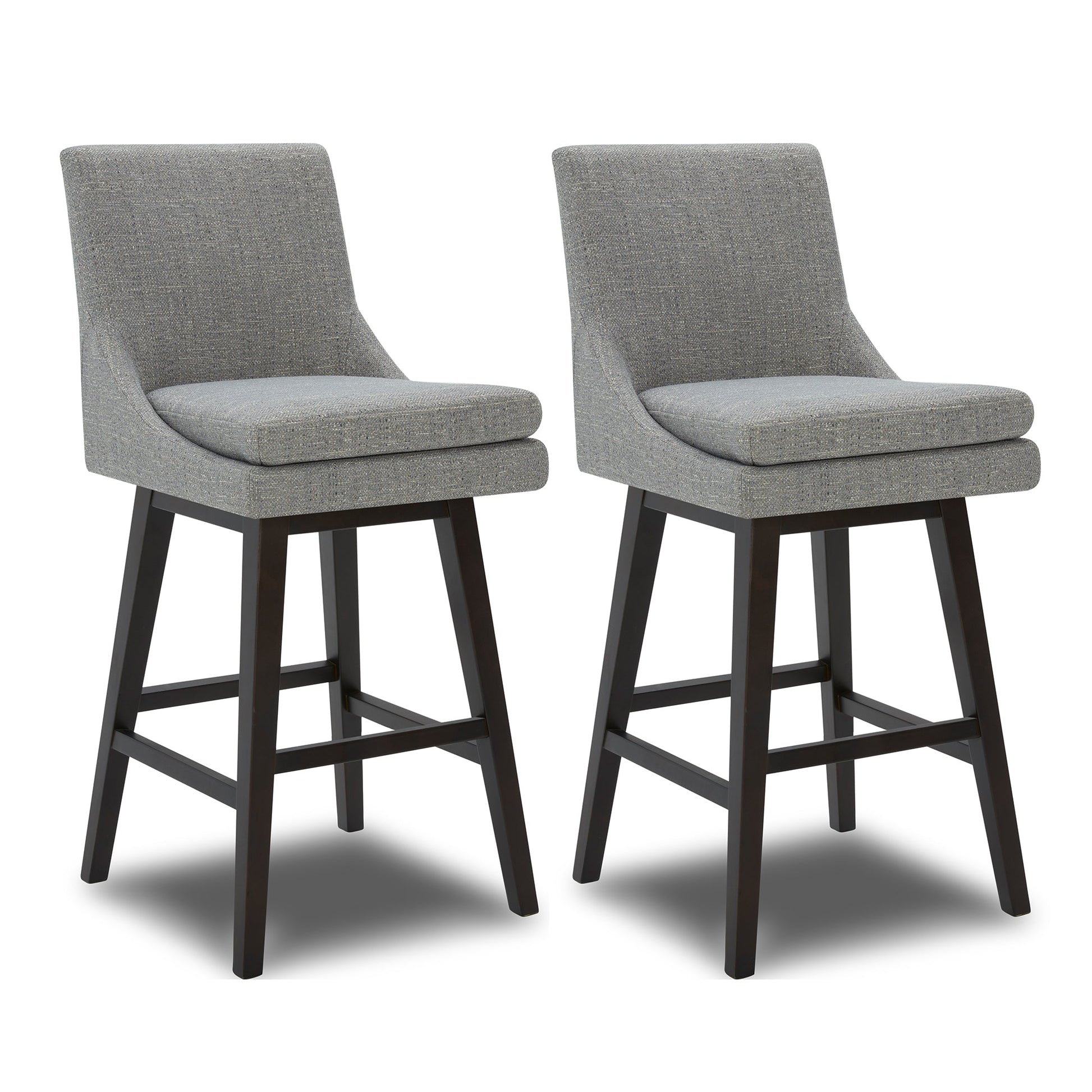 Lissa Swivel Bar Stool in soft grey fabric with sturdy dark wood legs - CHITA Living