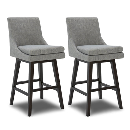 Lissa Swivel Bar Stool in soft grey fabric with sturdy dark wood legs - CHITA Living