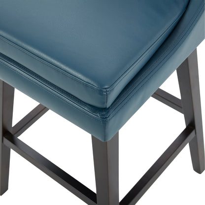 Lissa Swivel Bar Stool featuring a blue leather seat and strong black wooden legs - CHITA Living