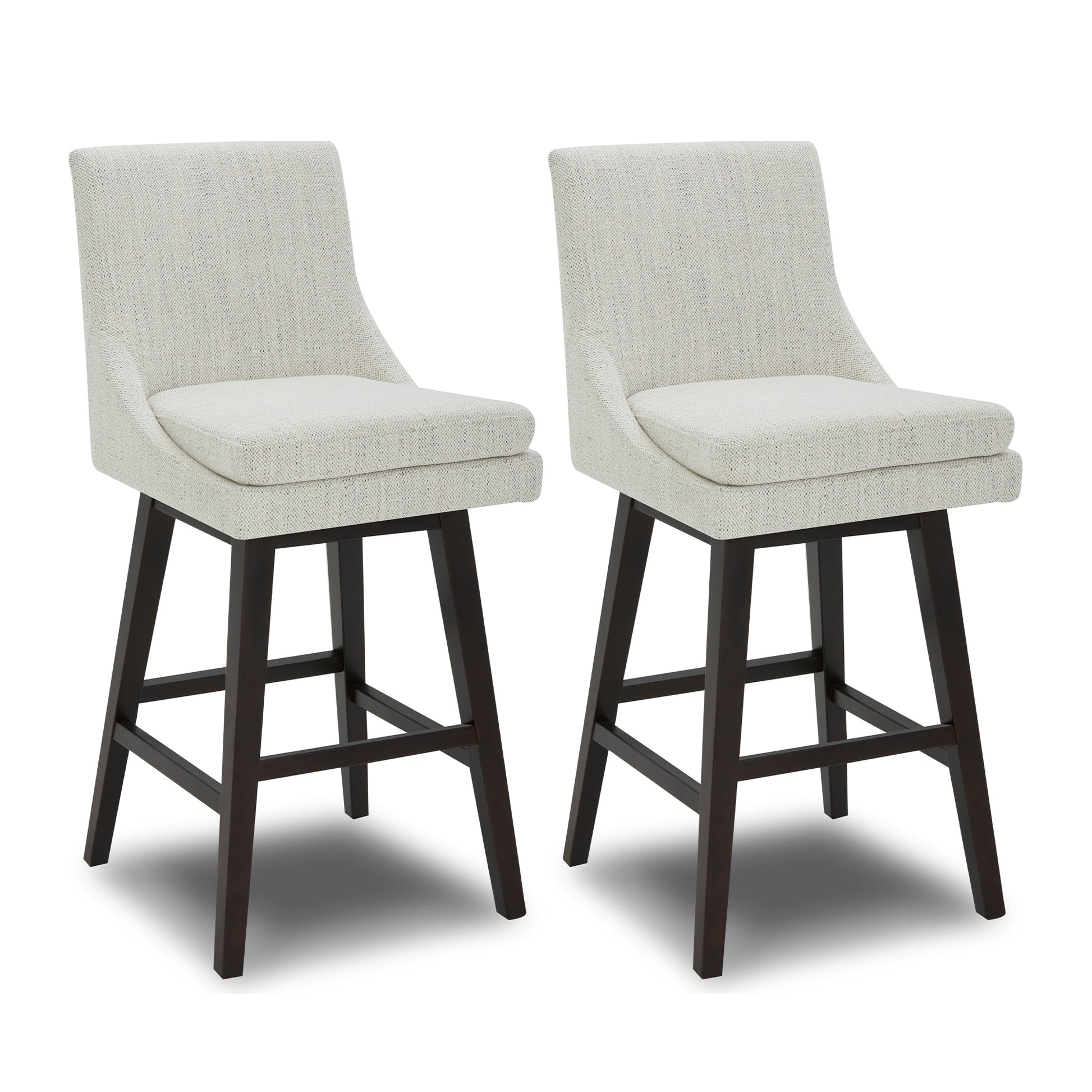 Pair of Lissa Swivel Bar Stools with light fabric seats and dark wooden legs - CHITA Living