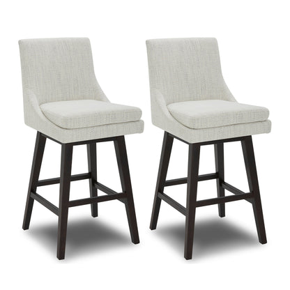 Pair of Lissa Swivel Bar Stools with light fabric seats and dark wooden legs - CHITA Living