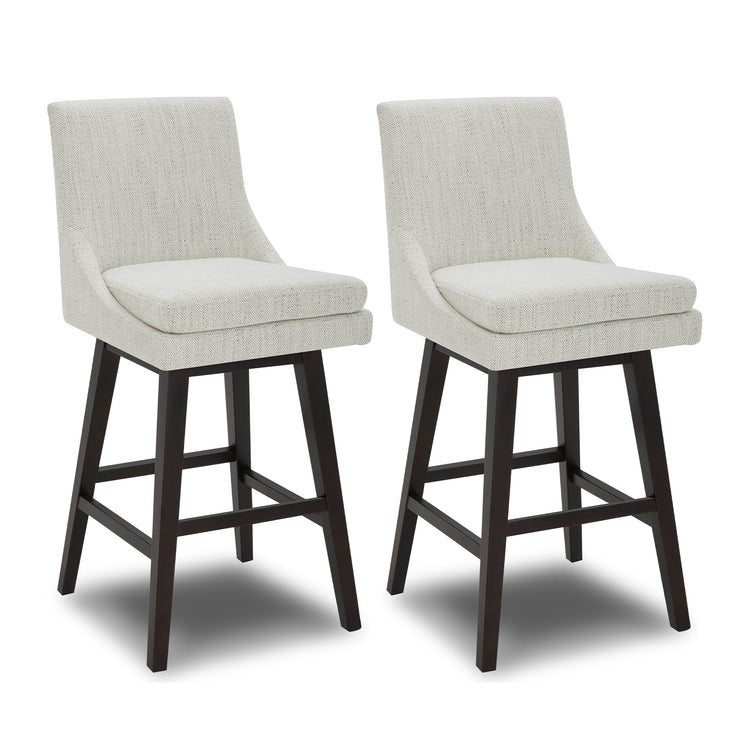 Pair of Lissa Swivel Bar Stools with light fabric seats and dark wooden legs - CHITA Living