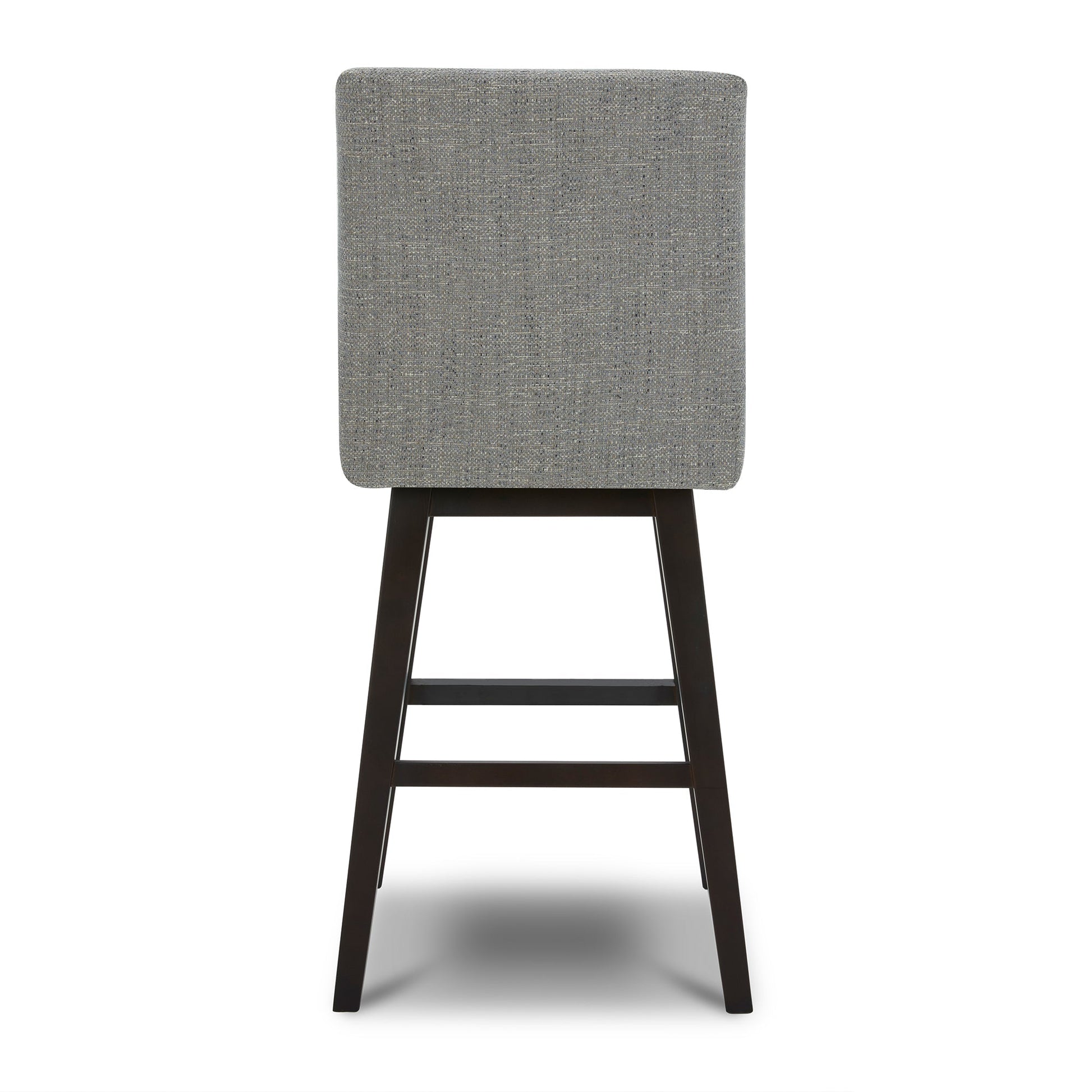 Back view of Lissa Swivel Bar Stool with soft grey fabric seat and dark wood legs - CHITA Living