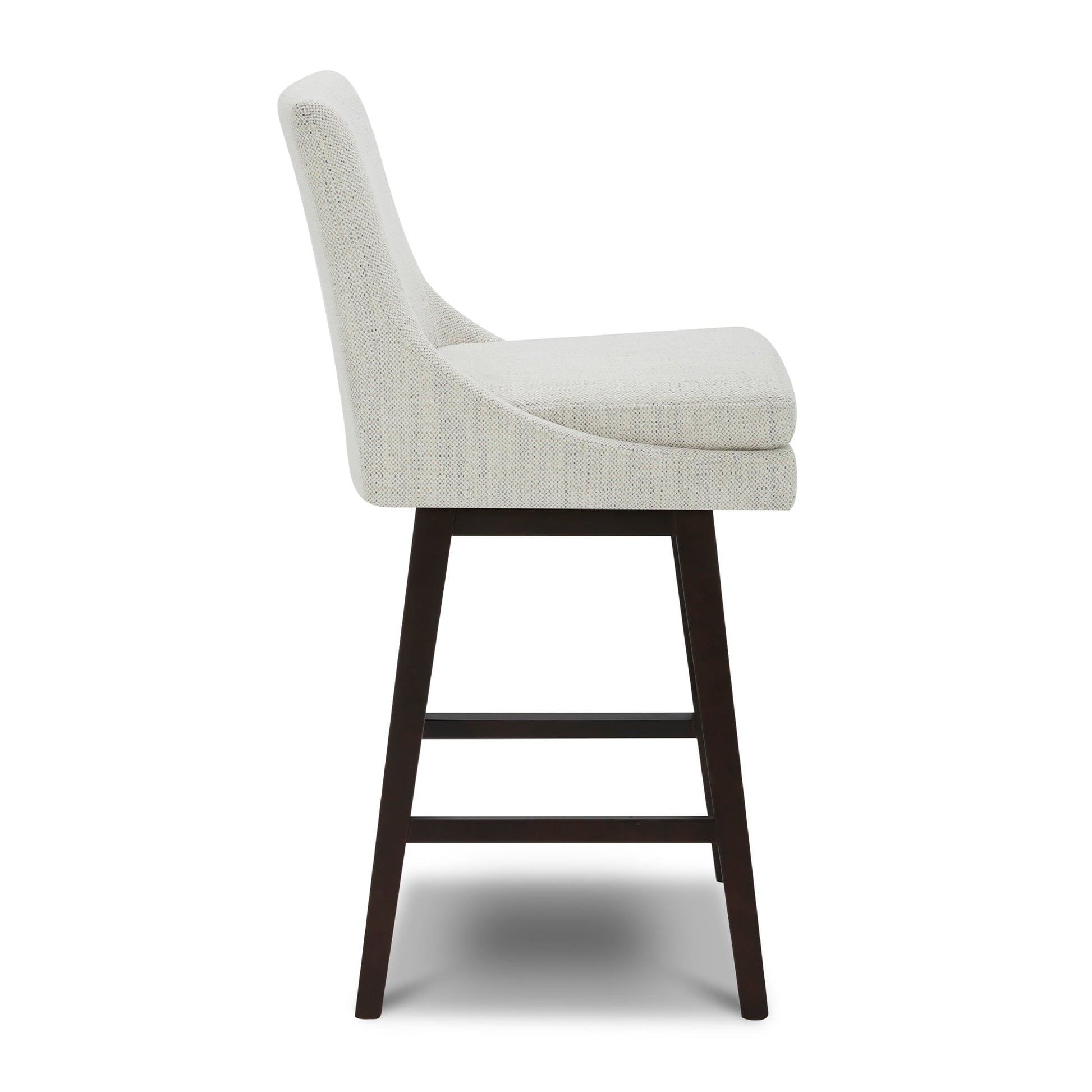 Lissa Swivel Bar Stool with light fabric seat and dark wooden legs, side view - CHITA Living