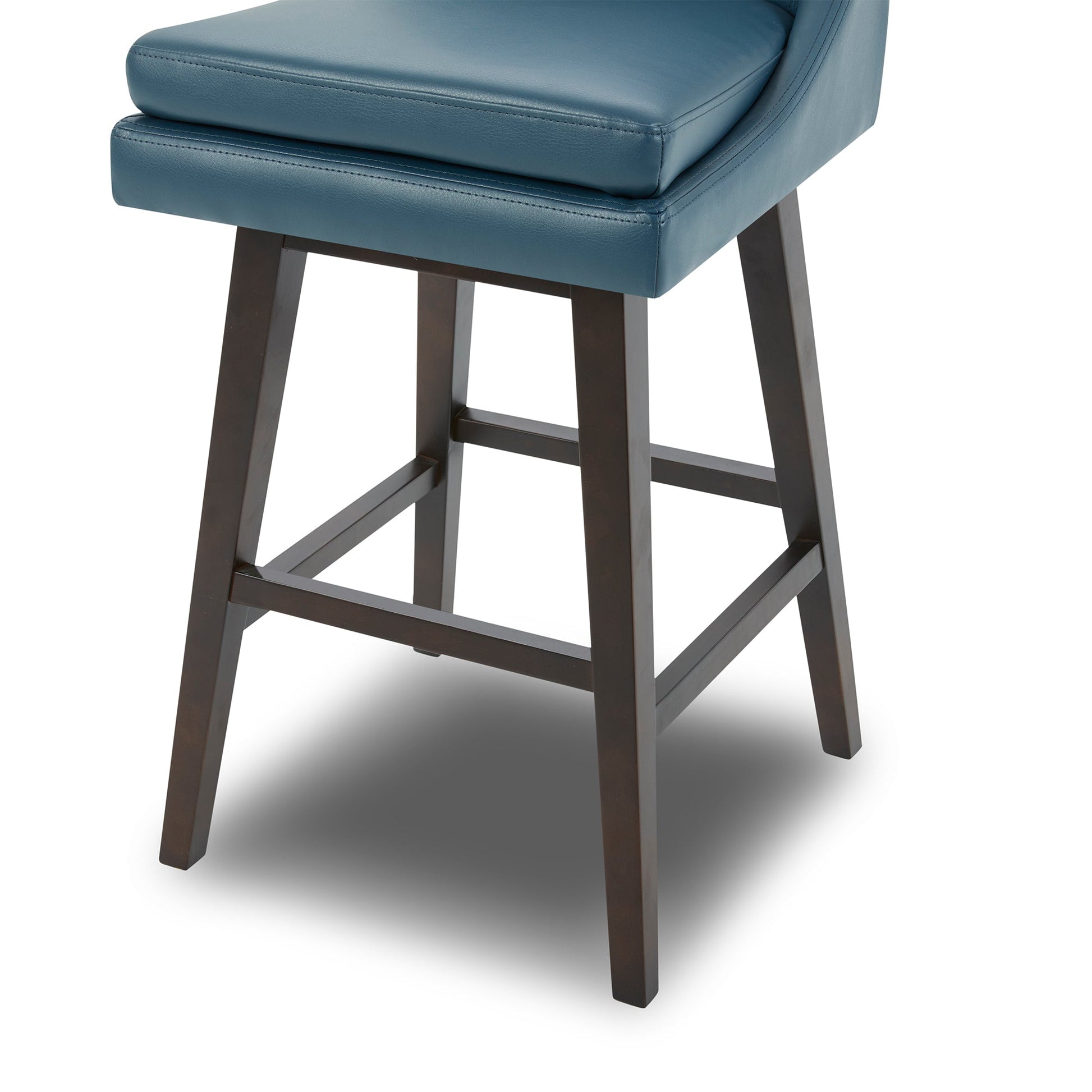 Close-up of Lissa Swivel Bar Stool with blue leather seat and dark wooden legs - CHITA Living