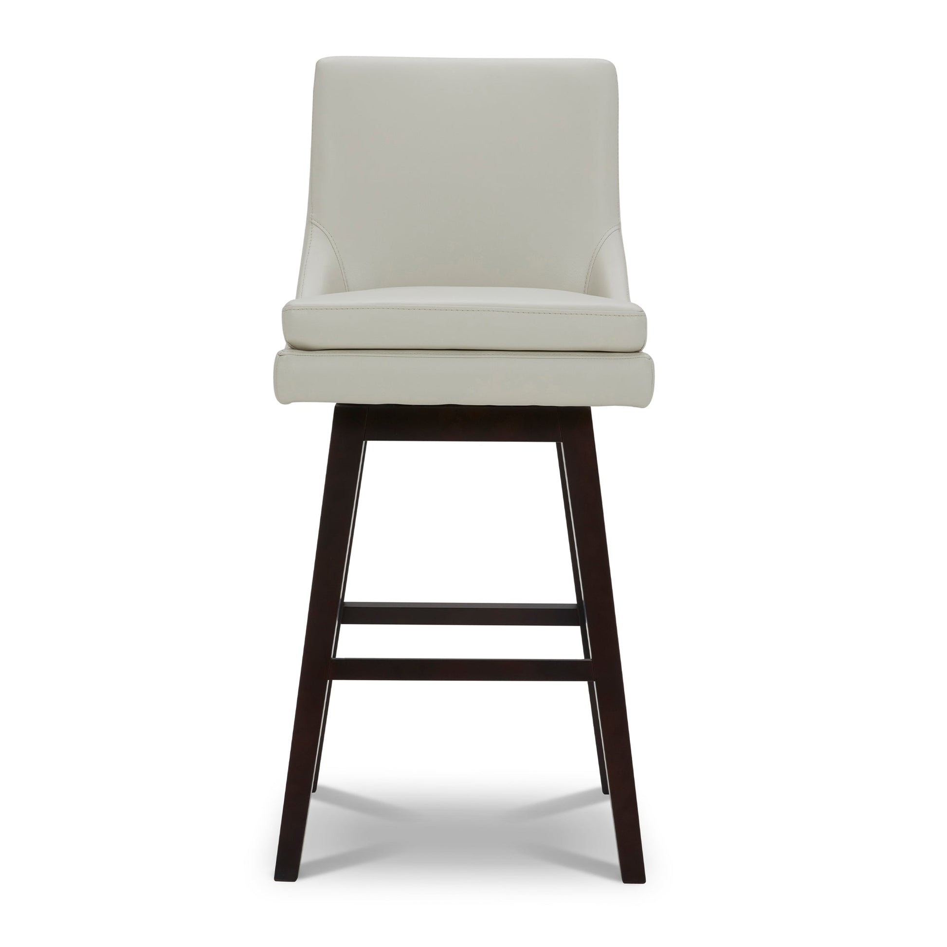 Lissa Swivel Bar Stool with white leather seat and dark wood legs, front view - CHITA Living