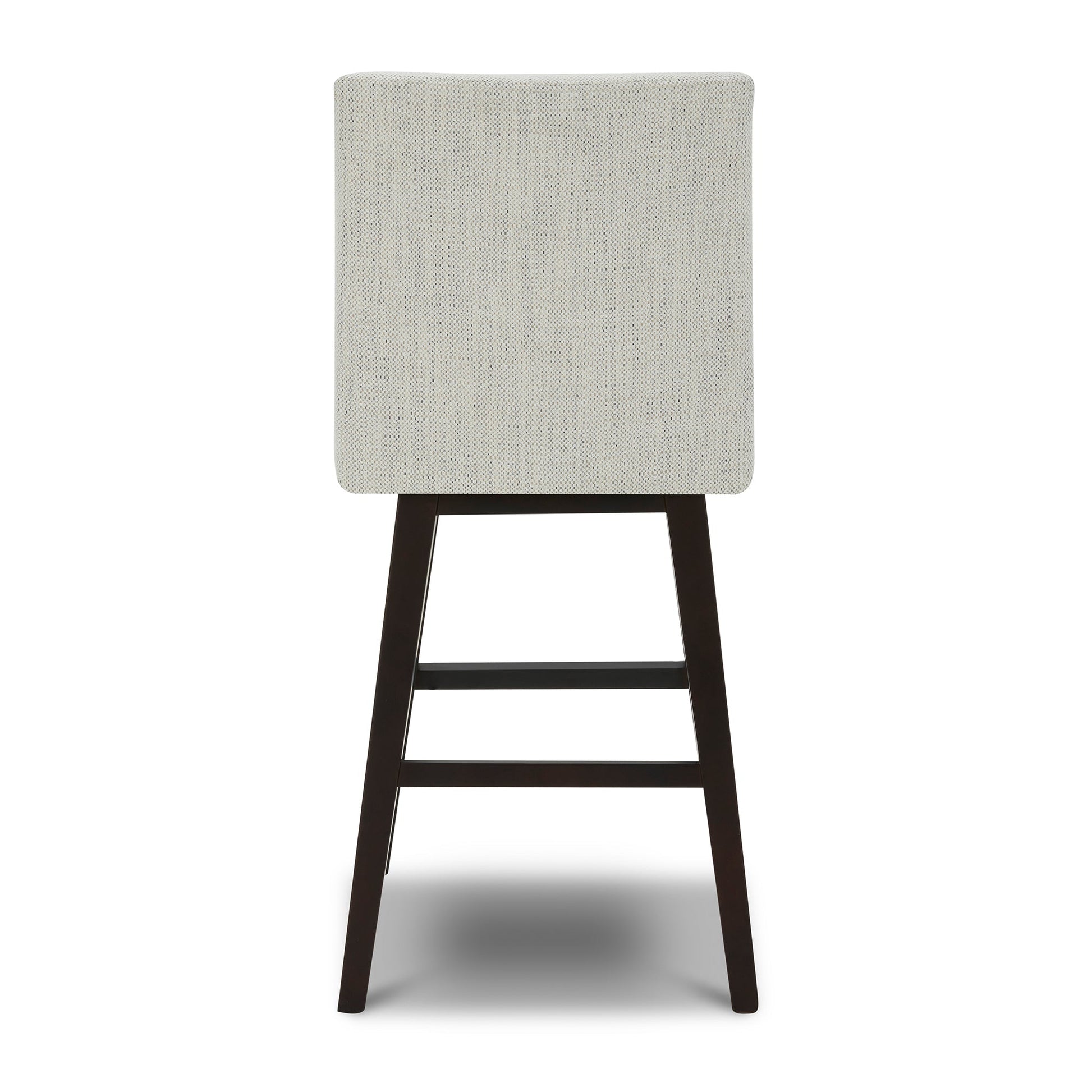 Back view of Lissa Swivel Bar & Counter Stool with light fabric seat and dark wood legs - CHITA Living