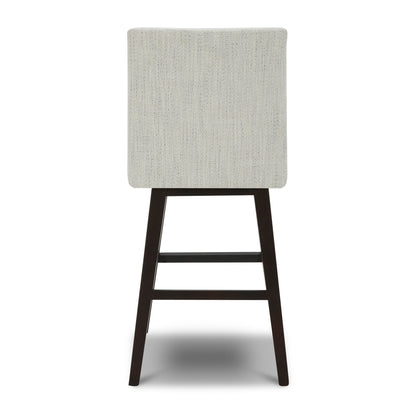 Back view of Lissa Swivel Bar & Counter Stool with light fabric seat and dark wood legs - CHITA Living