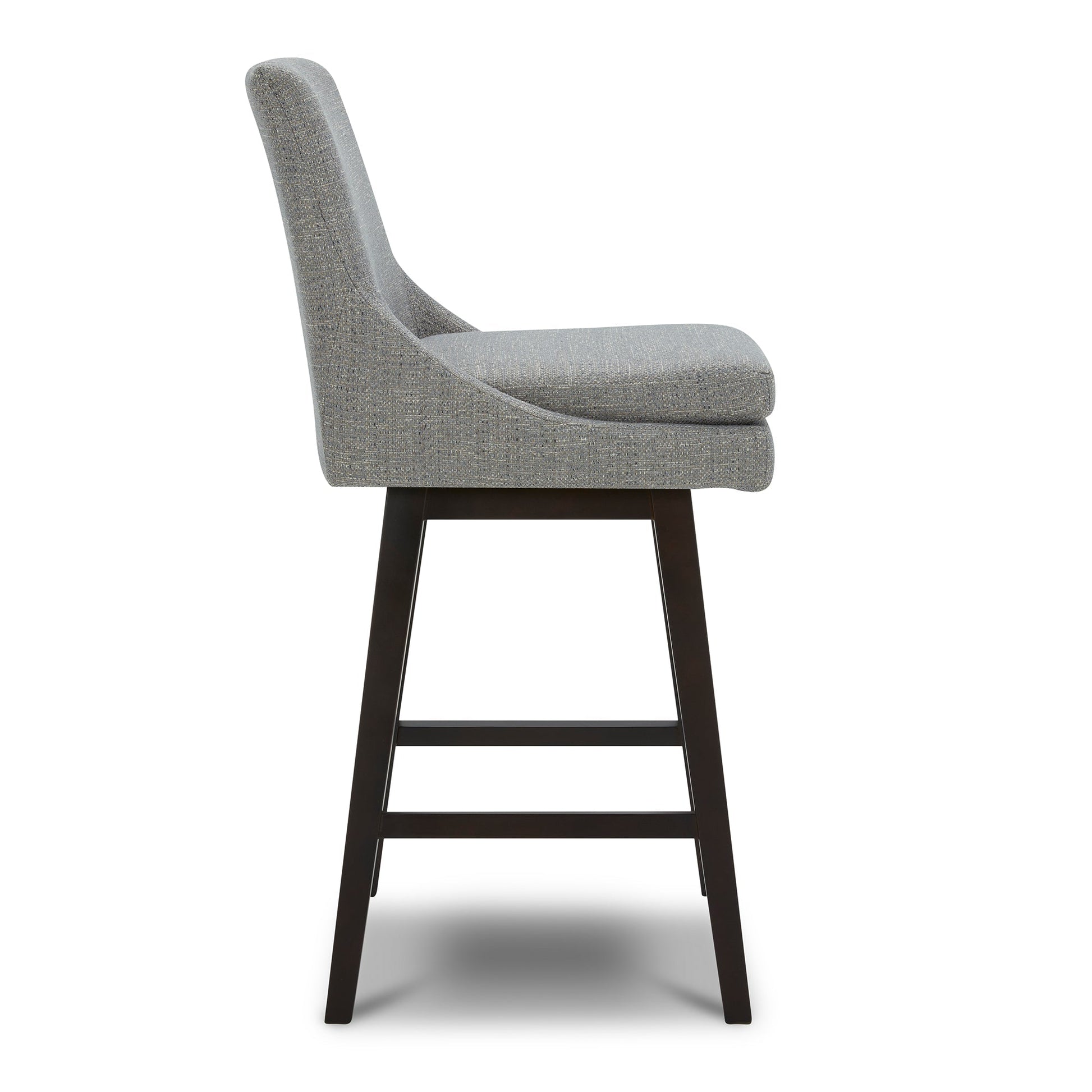 Lissa Swivel Bar & Counter Stool in grey fabric with sturdy wooden frame, side view - CHITA Living