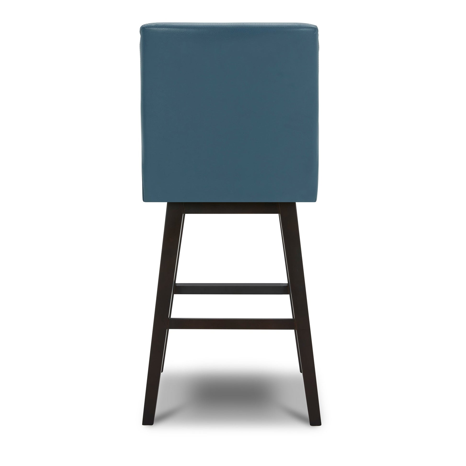 Back view of Lissa Swivel Bar Stool with teal leather seat and sturdy black legs - CHITA Living