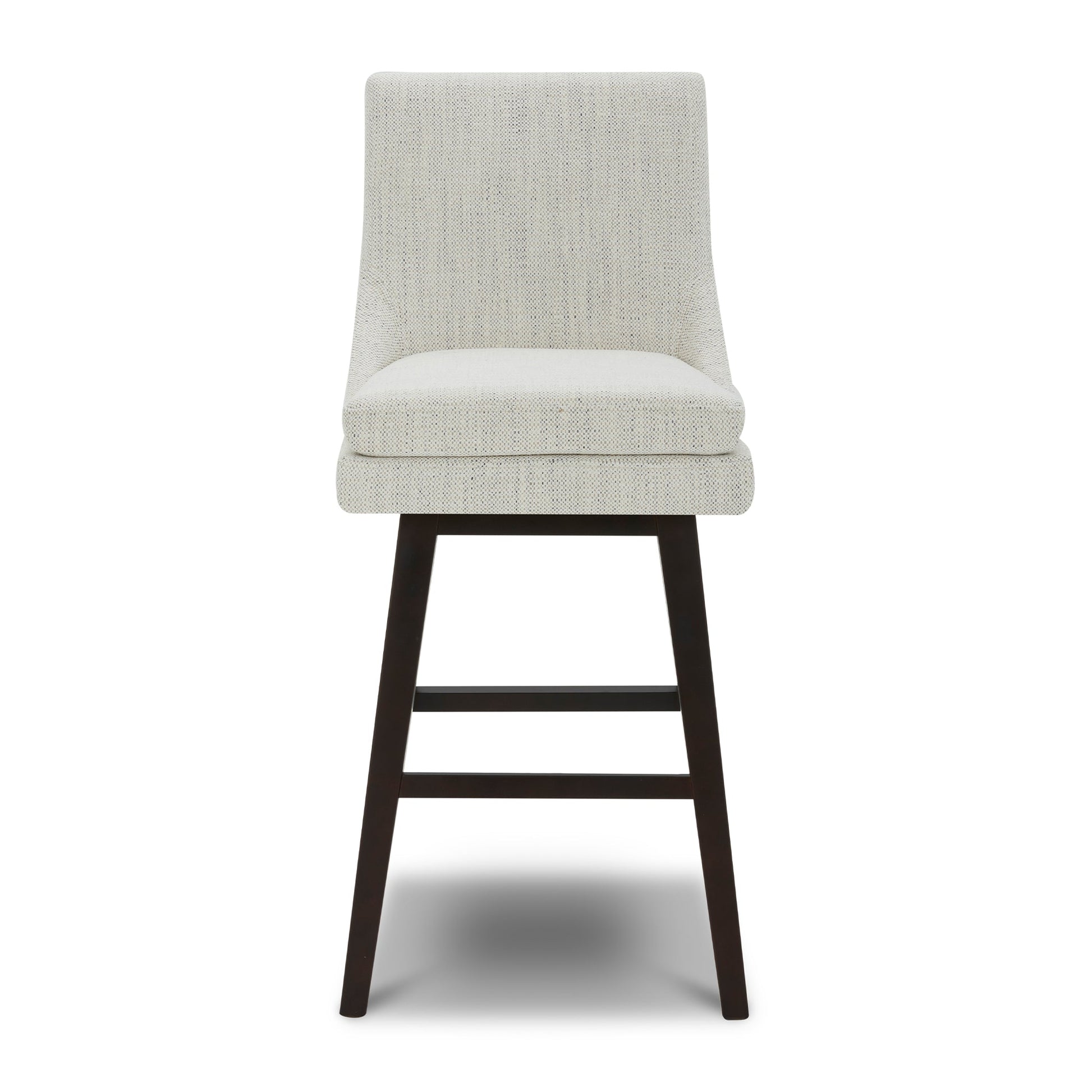 Lissa Swivel Bar Stool featuring light gray fabric seat and dark wooden legs - CHITA Living