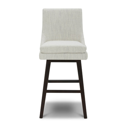 Lissa Swivel Bar Stool featuring light gray fabric seat and dark wooden legs - CHITA Living