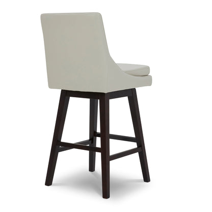 Lissa Swivel Bar Stool with white leather seat and dark wooden legs, back view - CHITA Living