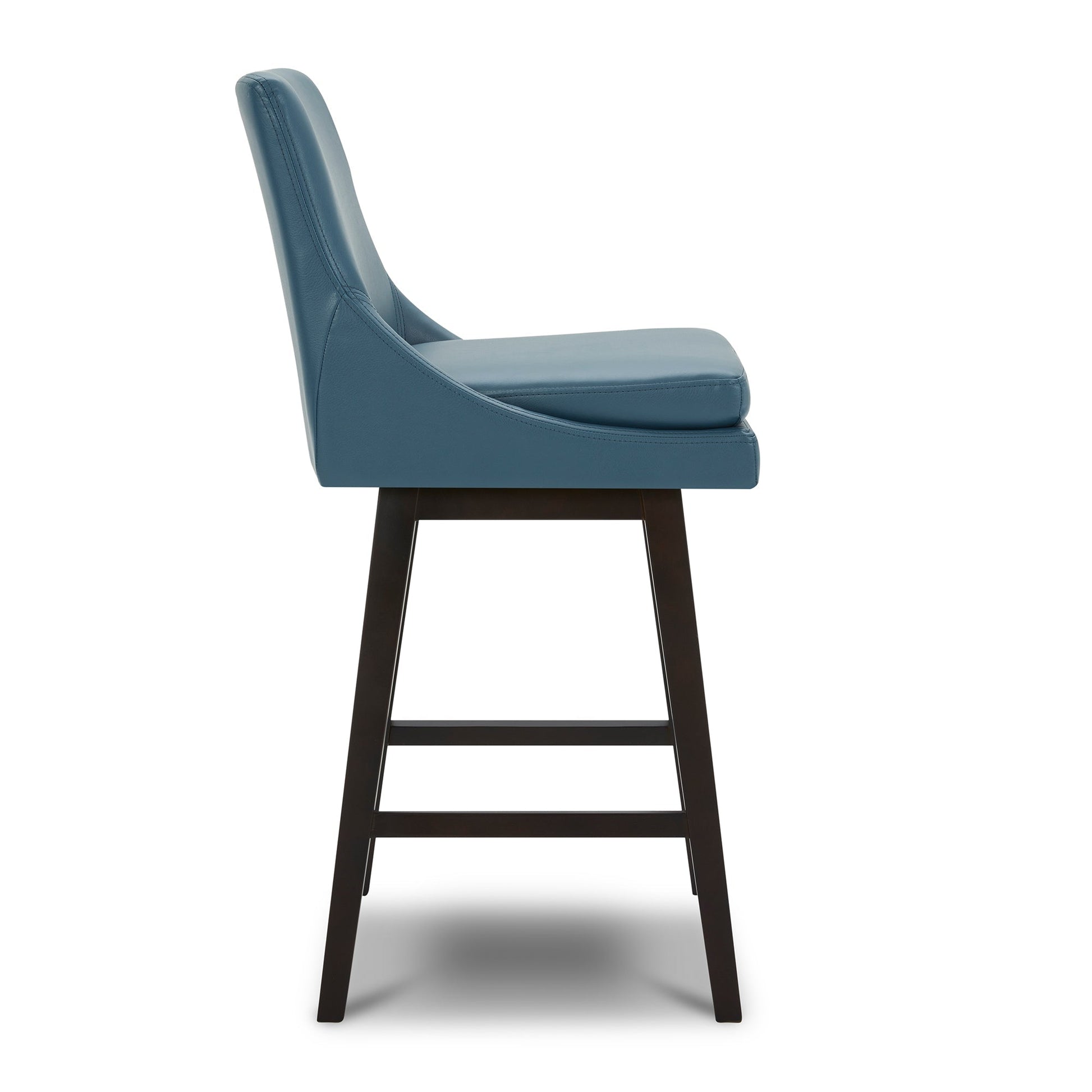 Side view of Lissa Swivel Bar Stool with blue leather seat and sturdy black legs - CHITA Living