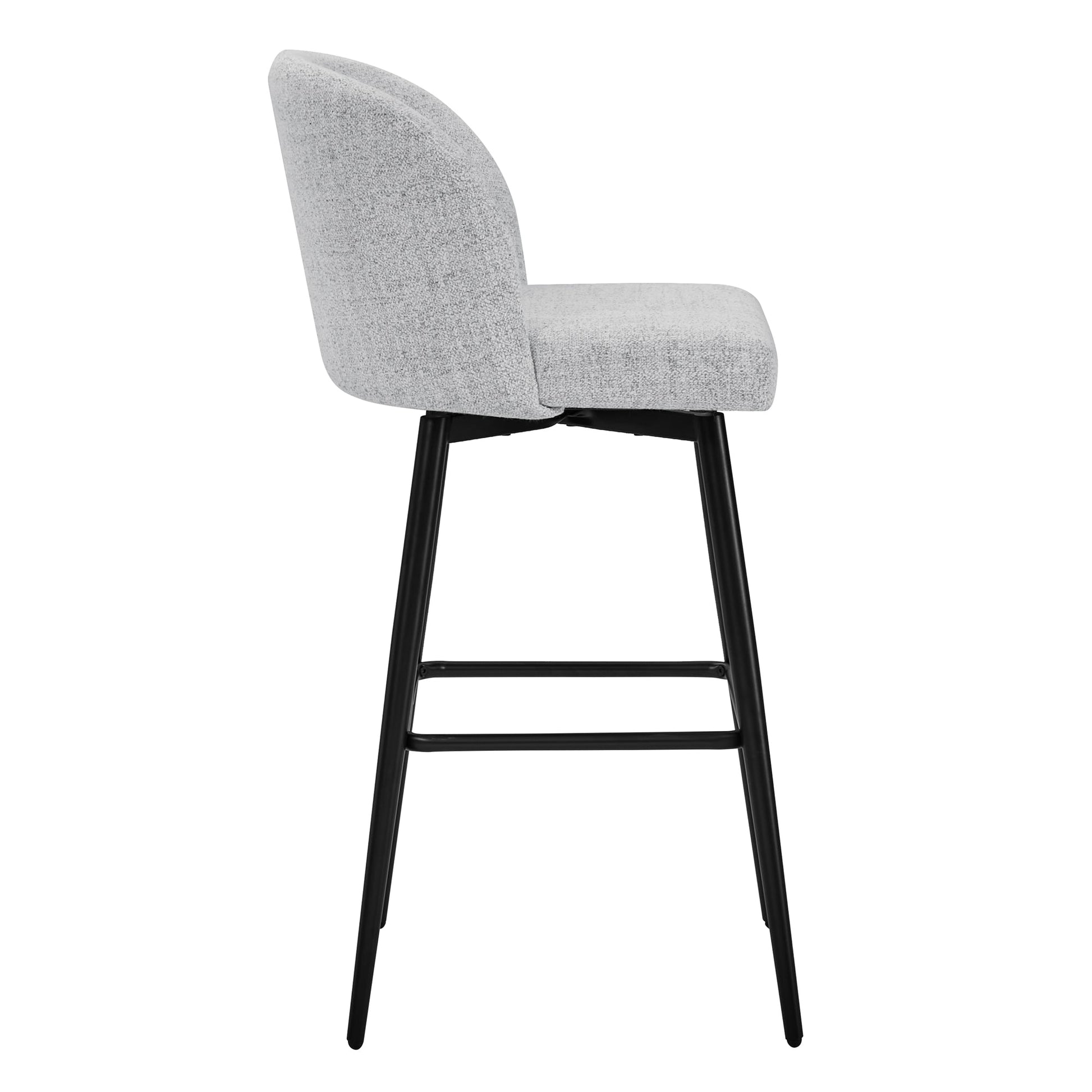Light gray Nova Swivel Bar Stool profile with black metal legs and rounded back - CHITA Living
