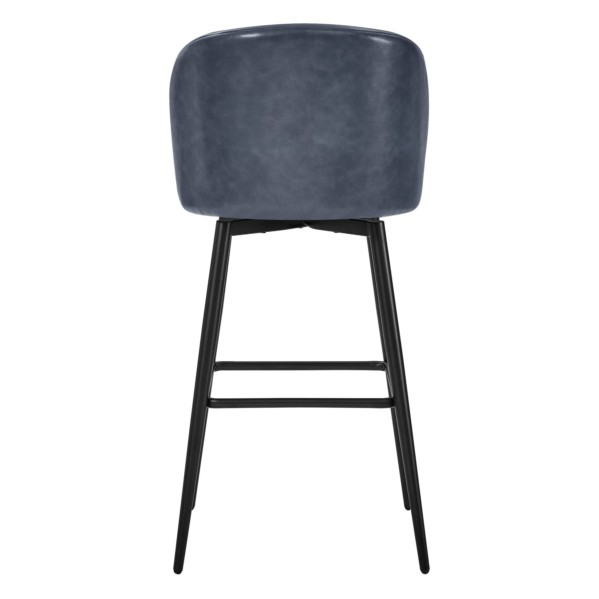 Back view of dark blue Nova Swivel Bar Stool with black metal legs and rounded back - CHITA Living