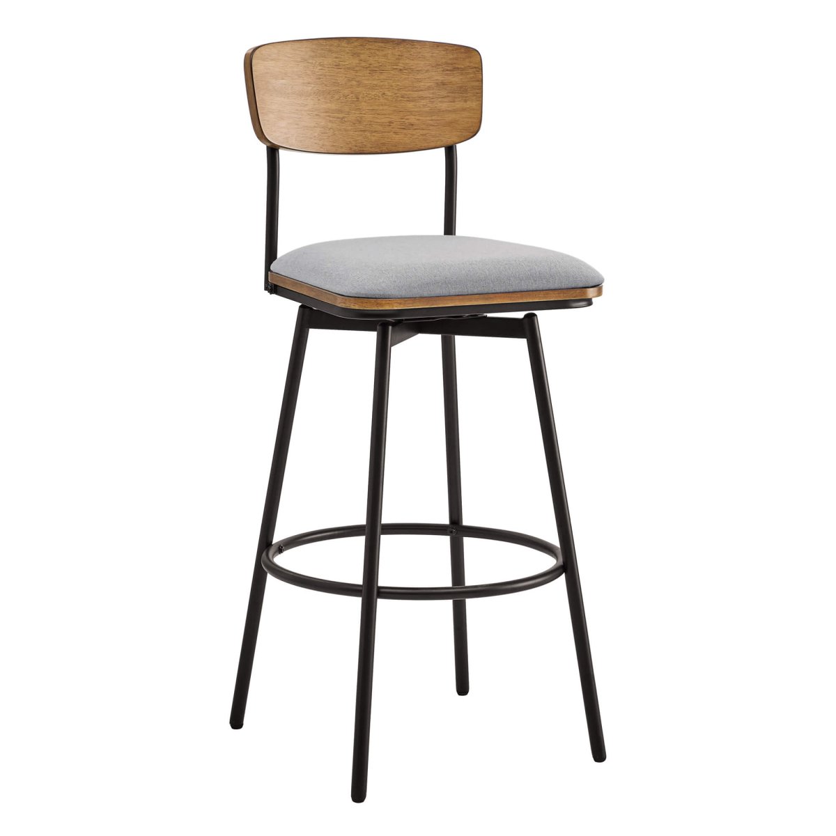 Aislinn swivel bar stool with gray fabric seat and wood backrest in modern design - CHITA Living