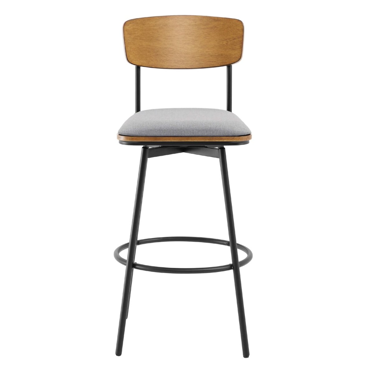 Aislinn swivel bar stool with gray cushion and wood backrest, stylish design - CHITA Living