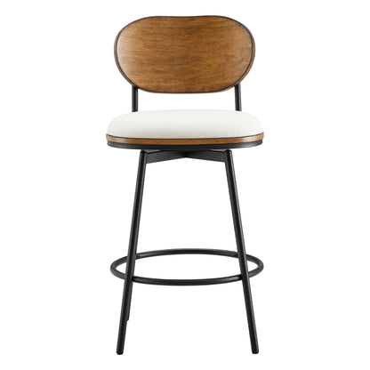 Aislinn swivel bar stool with white cushion and wood backrest in modern design - CHITA Living