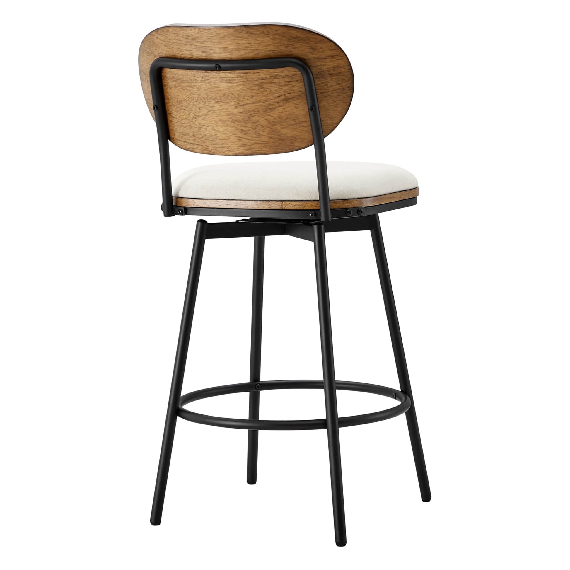Aislinn swivel bar stool with wooden backrest and white seat in modern design - CHITA Living