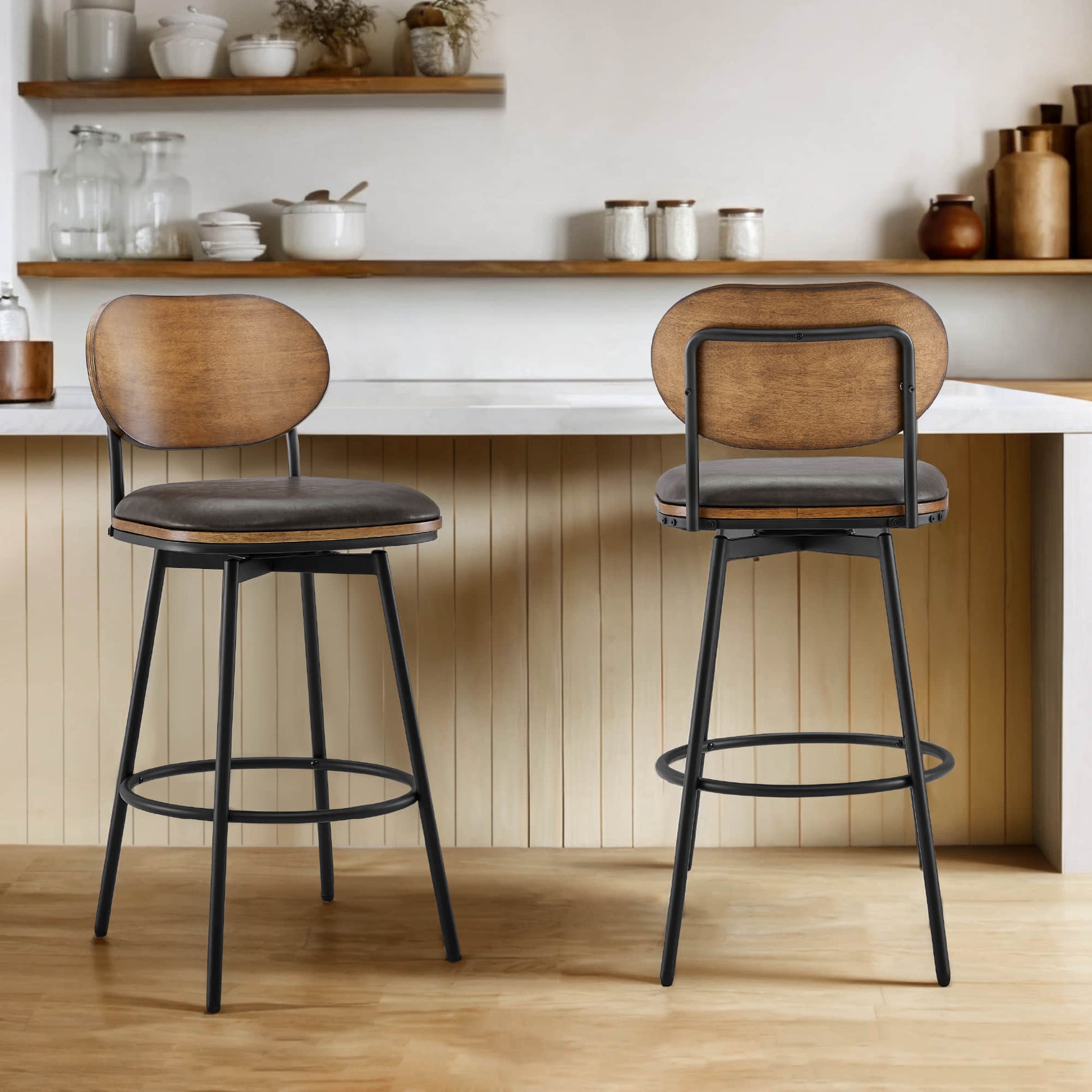 Aislinn swivel bar stools with wooden backs and gray cushions in modern kitchen - CHITA Living