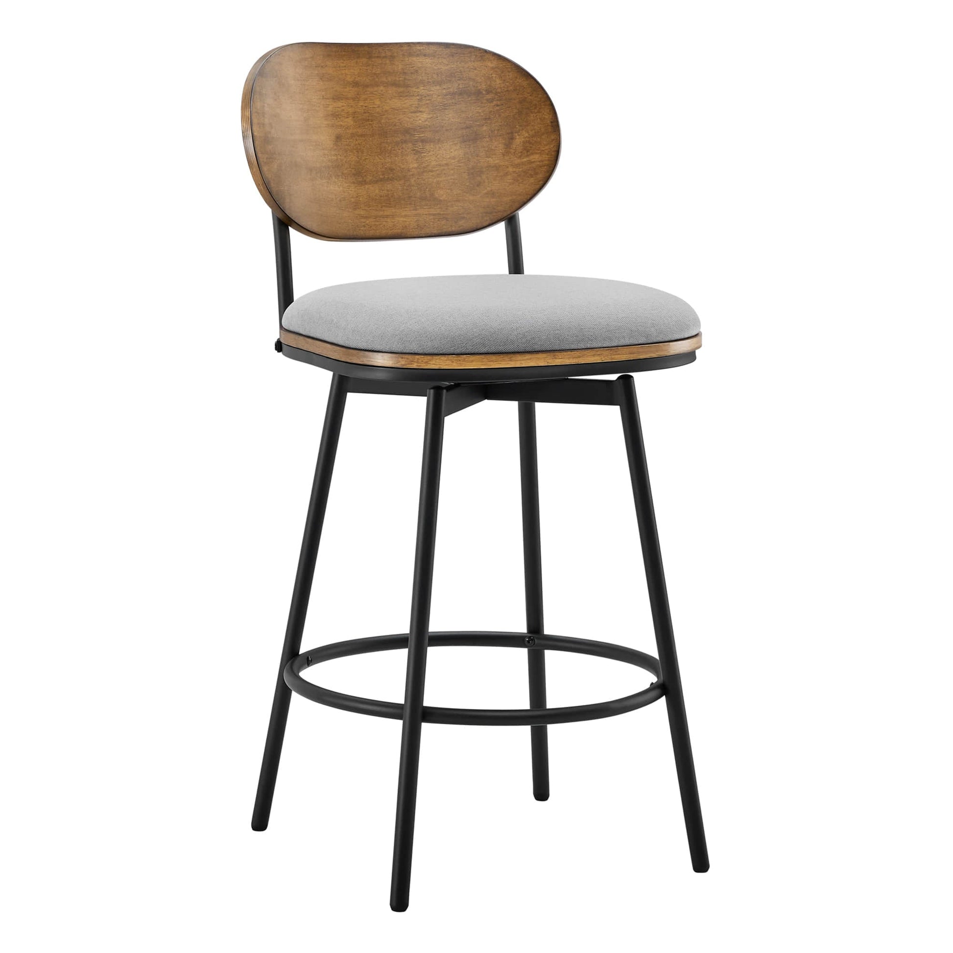 Stylish Aislinn swivel bar stool with gray cushion and wooden backrest for contemporary kitchens - CHITA Living