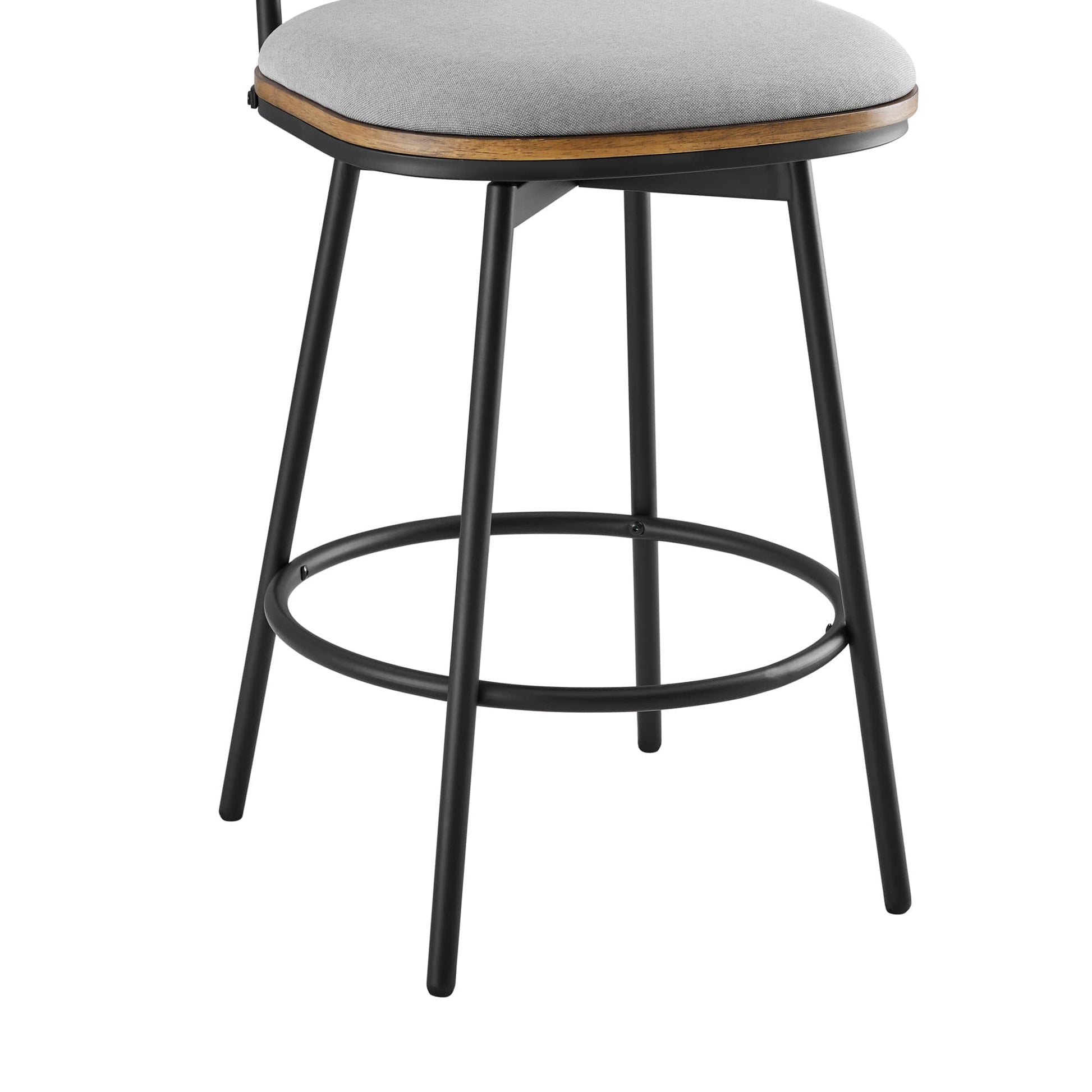 Close-up of Aislinn swivel bar stool with gray seat and wooden accent - CHITA Living