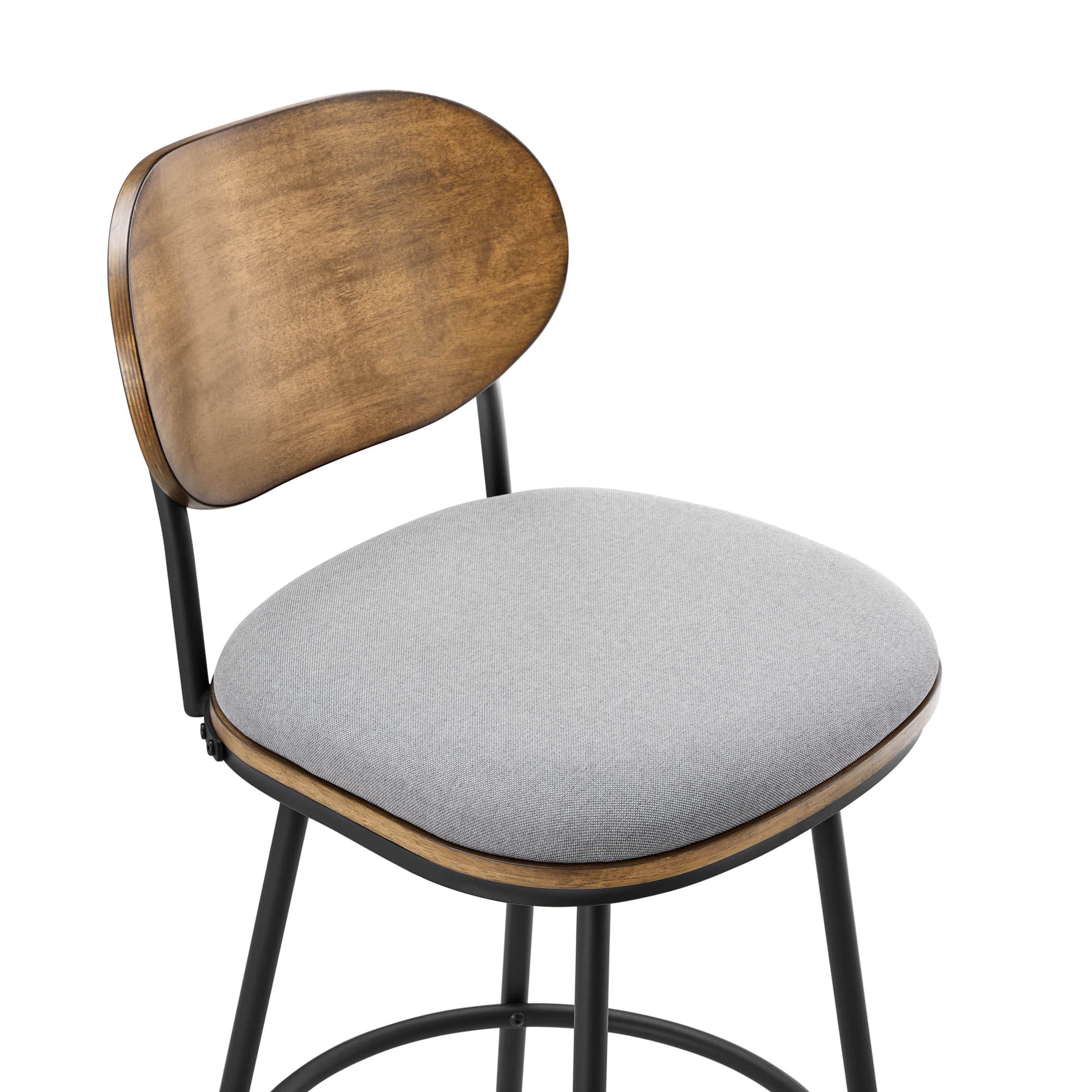 Aislinn swivel bar stool with gray cushion and wooden backrest, modern style - CHITA Living