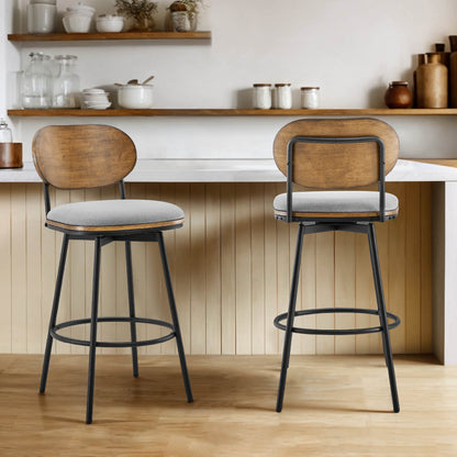Aislinn swivel bar stools with gray cushions and wooden backs at a modern kitchen island - CHITA Living