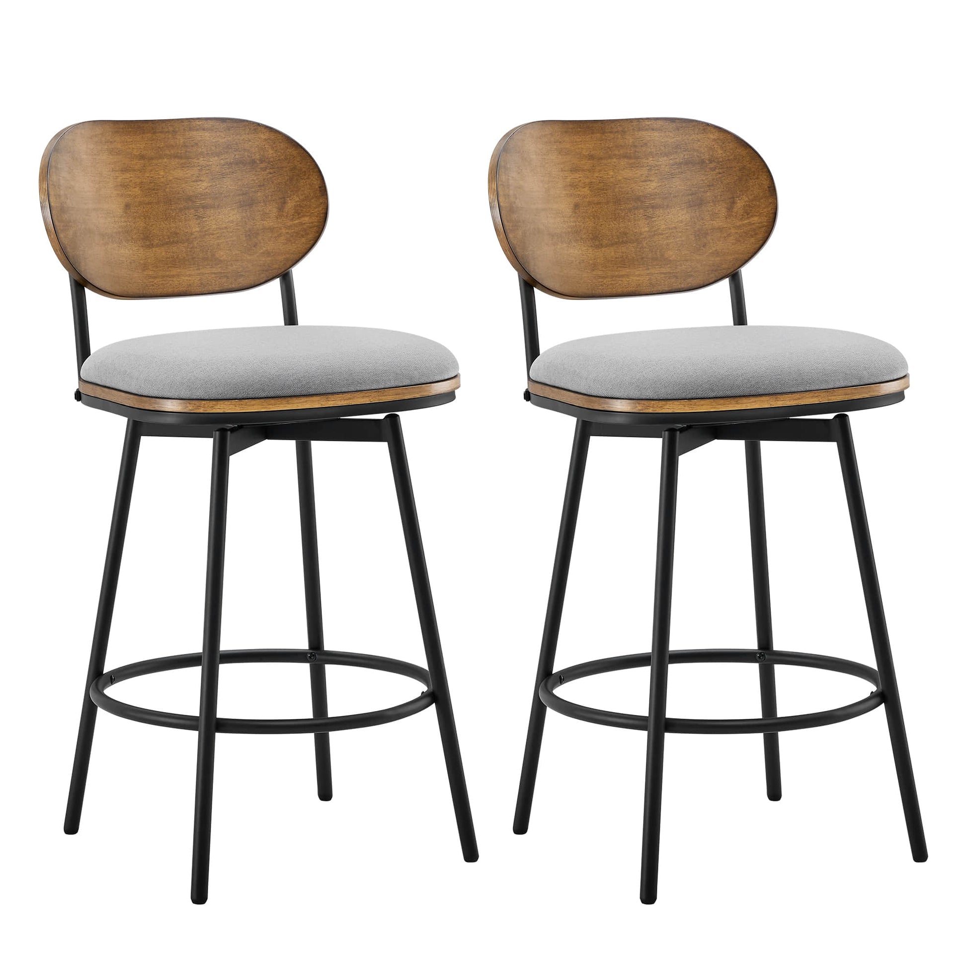 Aislinn swivel bar stools with gray cushions and wooden backs in stylish kitchen setting - CHITA Living