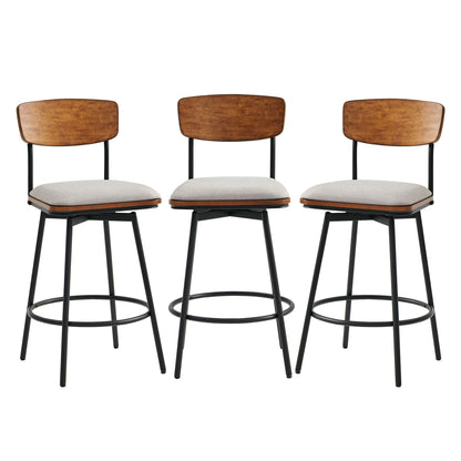 Set of three Aislinn swivel bar stools with wood backs and gray cushions in contemporary kitchen - CHITA Living