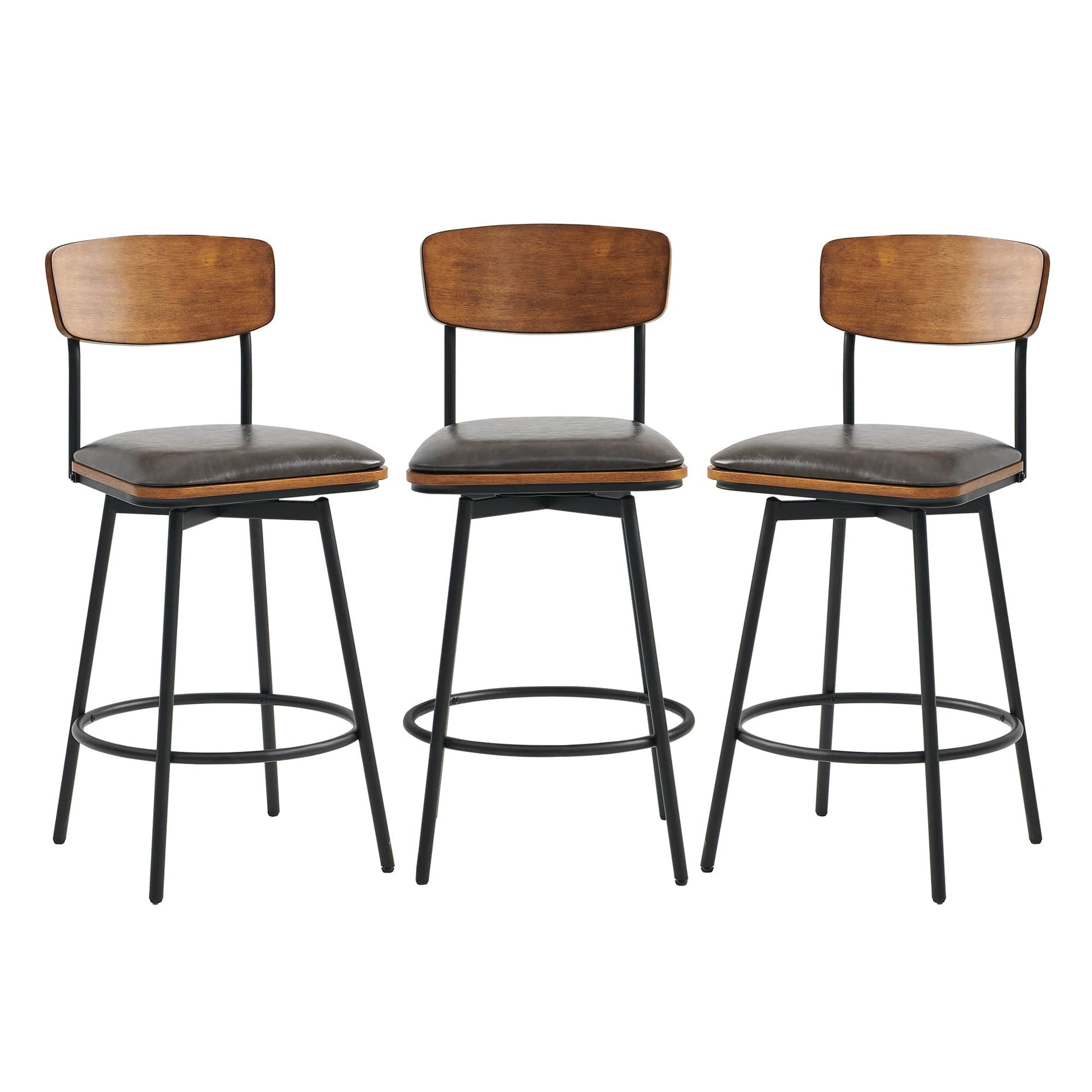 Set of three Aislinn swivel bar stools with wood backs and black seats in modern kitchen - CHITA Living