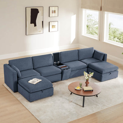 Delaney 6-Seat Modular Sofa Chaise with Storage Ottomans