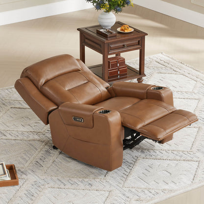 A wall-hugging recliner with built-in cup holders and a power headrest, placed next to a wooden side table.