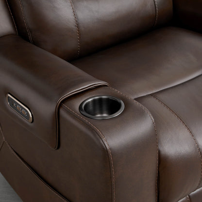 
A dark brown leather recliner armrest with a built-in cup holder and control panel.