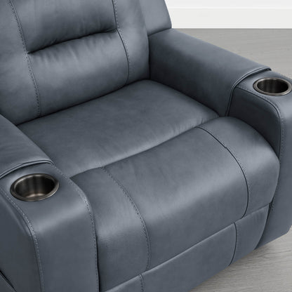 A dark blue leather recliner armrest with a built-in cup holder and control panel.