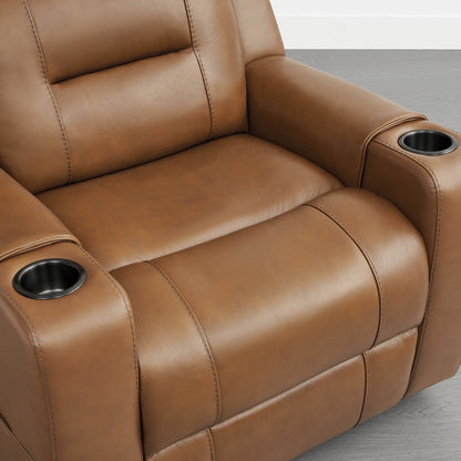 A tan leather recliner with cup holders in both armrests, set against a plain background.
