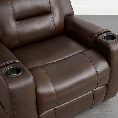 
A dark brown leather recliner armrest with a built-in cup holder and control panel.