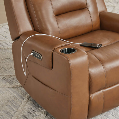 A tan leather recliner with a cup holder and USB charging port, charging a phone placed on the armrest.