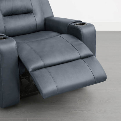 A dark blue leather recliner with an extended footrest and cup holders in the armrests.