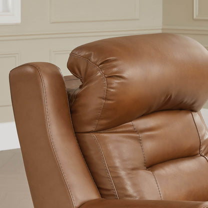 A close-up of a tan leather recliner with a padded headrest and detailed stitching.