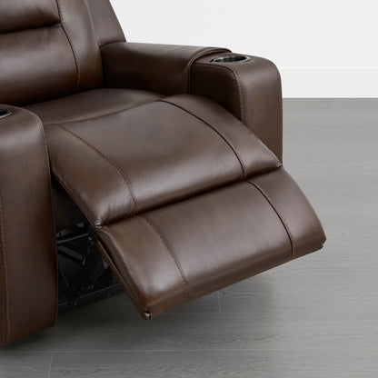 A dark brown leather recliner with an extended footrest and cup holder in the armrest.