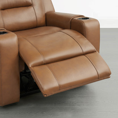 A tan leather recliner with the footrest extended and cup holders in both armrests.