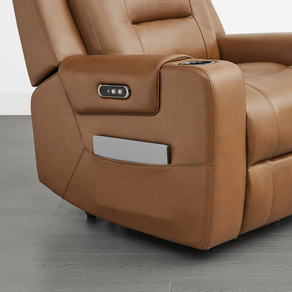 A tan leather recliner with a control panel on the armrest and a side pocket.
